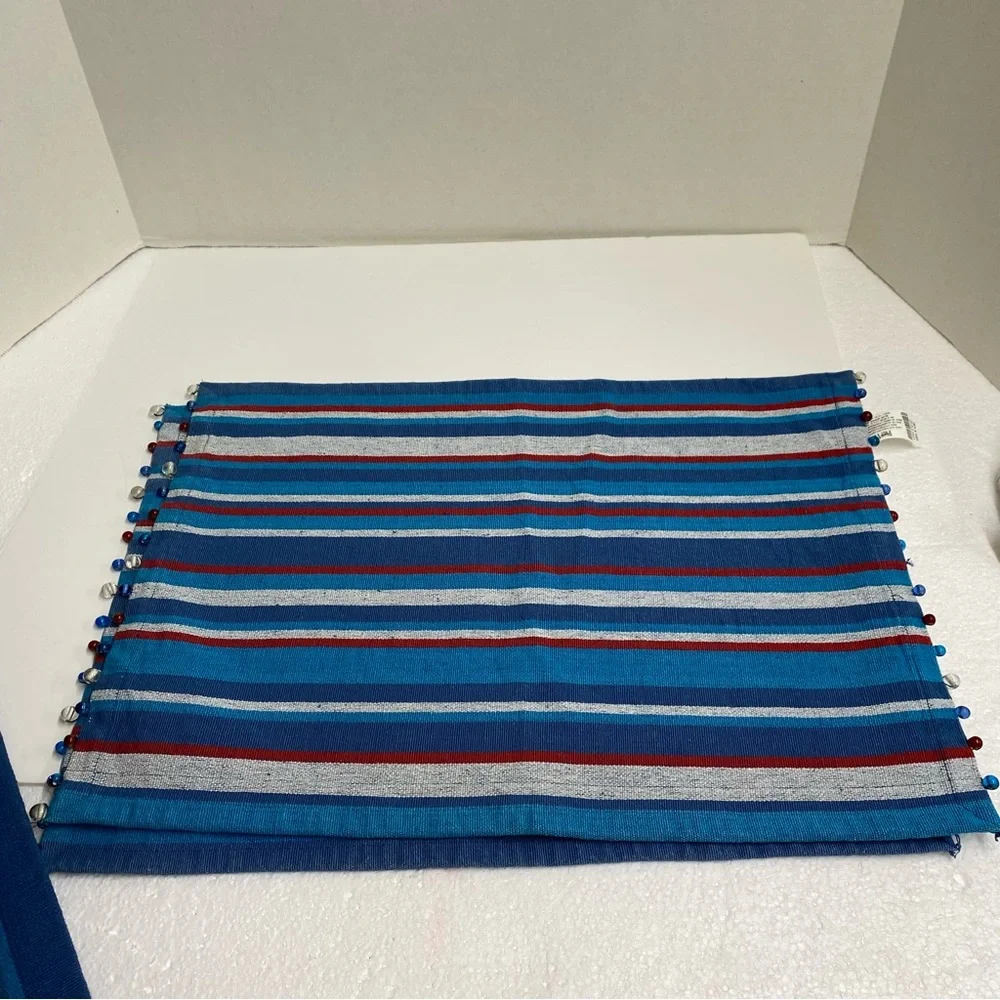 Pier 1 Imports Striped Tapestry Placemats set of 6 Beaded blues red gray Casual